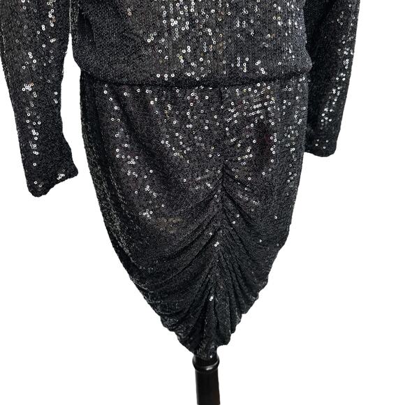 Retrofete Flynn Sequin Ruched Tulle Long Sleeve Key Hole Mini Dress Black Large - Picture 8 of 16